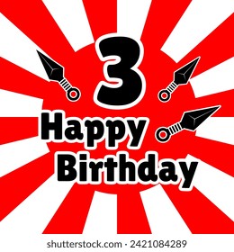 3rd happy birthday ninja theme red white background with kunai or traditional ninja tools element