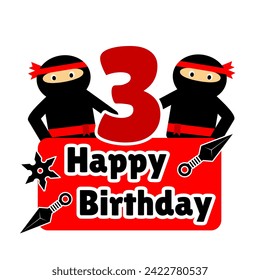 3.ᵉʳ feliz cumpleaños tema ninja color rojo blanco negro. ninja mascot feliz cumpleaños con kunai o elemento de herramientas ninja tradicionales