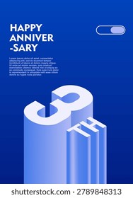 3rd Modern anniversary poster template featuring a bold 3d isometric number on a vibrant blue background.