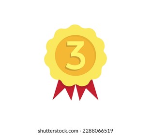 3rd or number three on modern golden rosette award logo design. Modern rosette star with shadow and three image clipart seal stamp, 3 icon badge vector design and illustration.
