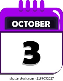 3rd of october. calendar with date number three, third day of october, month of october