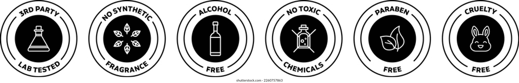 3rd Party Lab Tested, No Synthetic Fragrance, Alcohol Free, No Toxic Chemicals, Paraben Free, Cruelty Free rounded vector icon illustration in black color