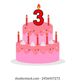 3rd pink birthday cake with red numeral candle cartoon style 3d editable in vector