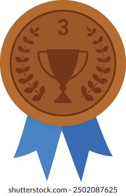3er lugar medalla de bronce con copa de trofeo y ramas de olivo en ella. Medalla de trofeo con cinta azul sobre fondo transparente