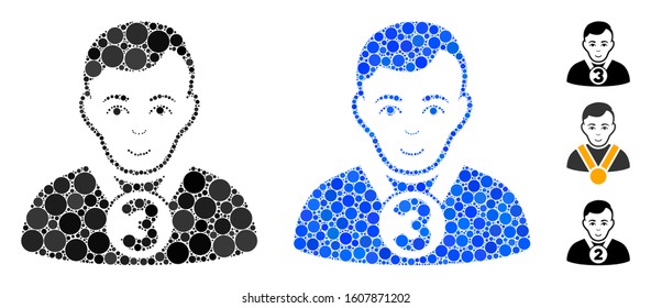 3rd prizer sportsman composition of filled circles in different sizes and color tinges, based on 3rd prizer sportsman icon. Vector filled circles are composed into blue collage.