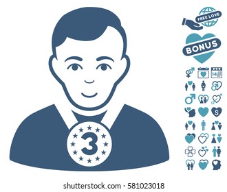 3rd Prizer Sportsman icon with bonus valentine pictograms. Vector illustration style is flat iconic cyan and blue symbols on white background.