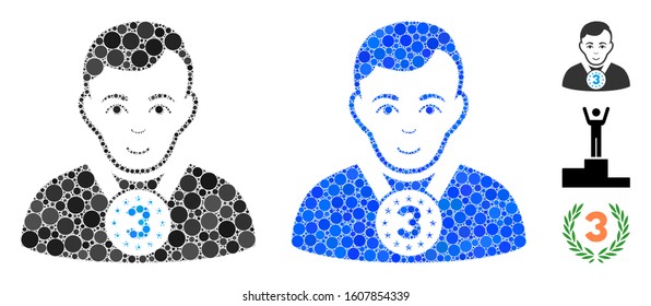 3rd prizer sportsman mosaic of circle elements in various sizes and color tones, based on 3rd prizer sportsman icon. Vector circle elements are combined into blue mosaic.