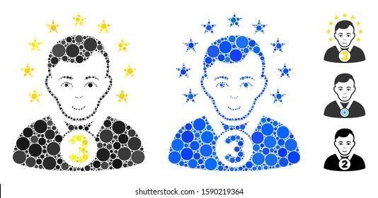 3rd prizer sportsman mosaic of small circles in different sizes and color tinges, based on 3rd prizer sportsman icon. Vector small circles are grouped into blue collage.