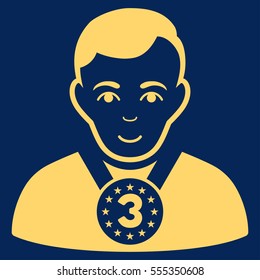 3rd Prizer Sportsman vector icon. Flat yellow symbol. Pictogram is isolated on a blue background. Designed for web and software interfaces.
