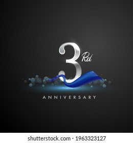 3rd silver anniversary logo with blue ribbon isolated on elegant background, sparkle, vector design for greeting card and invitation card.