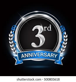 3rd silver anniversary logo with blue ribbon and ring.