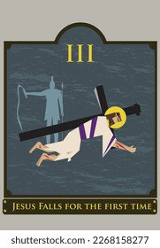 3rd Station. The Way of the Cross 3 or via Crucis. Traditional Version. Jesus falls the first time. Editable Clip Art.