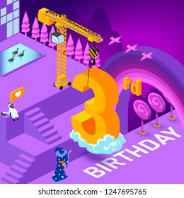 3rd year Anniversary Celebration concept with characters. Flat isometric vector illustration