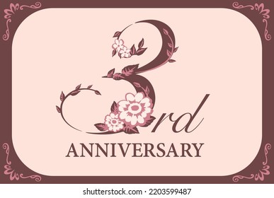 3rd Year Anniversary Template. Flolal Font. Vector Illustration.