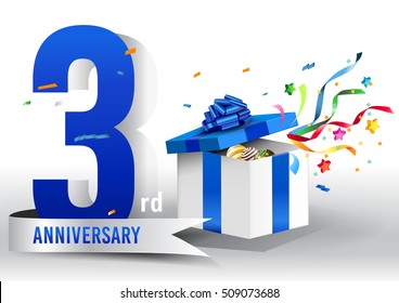 3rd years anniversary background with ribbon, confetti and gift on white. Poster or brochure template. Vector illustration.