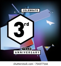 3rd years anniversary card with colorful background. Three years birthday logo on geometric colorful background.