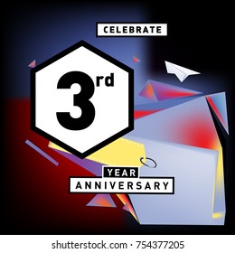 3rd years anniversary card with colorful background. Three years birthday logo on geometric colorful background.