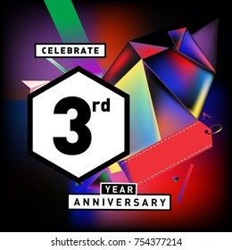 3rd years anniversary card with colorful background. Three years birthday logo on geometric colorful background.