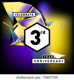 3rd years anniversary card with colorful background. Three years birthday logo on geometric colorful background.