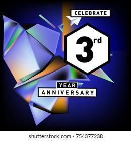 3rd years anniversary card with colorful background. Three years birthday logo on geometric colorful background.