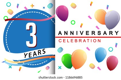 3rd years anniversary celebration with colorful balloons and confetti, design for greeting card birthday celebration