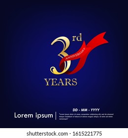 3rd years anniversary celebration emblem. anniversary elegance golden logo with red ribbon on dark blue background, vector illustration template design for celebration greeting and invitation card