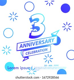 3rd years anniversary celebration emblem. blue gradient anniversary logo with ribbon on memphis style background, vector illustration template design for web, flyers, greeting card & invitation card