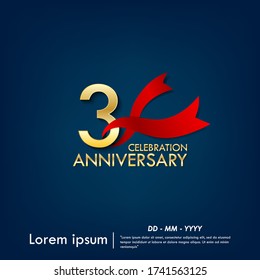 3rd years anniversary celebration emblem. anniversary elegance golden logo with red ribbon on dark blue background, vector illustration template design for celebration greeting and invitation card