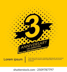 3rd years anniversary celebration emblem. black logo isolated with ribbon on yellow background. vector illustration template design for web, flyers, poster, greeting card and invitation card