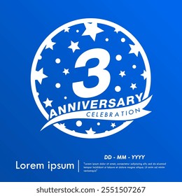 3rd years anniversary celebration emblem. white anniversary logo isolated with ribbon and stars ball on blue background. vector illustration template design for web, flyers, poster, greeting card