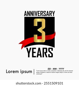 3rd years anniversary celebration emblem. elegant golden anniversary logo isolated with red ribbon on white background. vector illustration template design for web, flyers, poster, greeting card