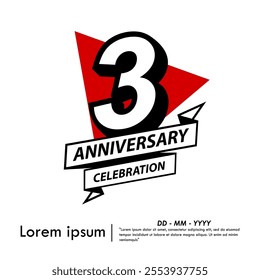 3rd years anniversary celebration emblem. black anniversary logo isolated with ribbon and red triangle on white background. vector illustration template design for web, flyers, poster, greeting card