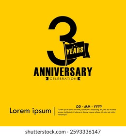 3rd years anniversary celebration emblem. anniversary logo isolated with flag pole on yellow background. vector illustration template design for web, flyers, poster, greeting card