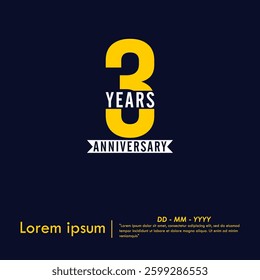 3rd years anniversary celebration emblem. anniversary logo isolated with white ribbon on dark blue background. vector illustration template design for web, flyers, poster, greeting card 
