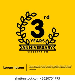 3rd years anniversary celebration emblem. anniversary logo isolated with laurel wreath and ribbon on yellow background. vector illustration template design for web, flyers, poster, greeting card