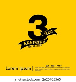 3rd years anniversary celebration emblem. black logo isolated with ribbon on yellow background. vector illustration template design for web, flyers, poster, greeting card and invitation card
