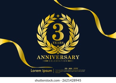 3rd years anniversary celebration emblem. elegant golden anniversary logo isolated with laurel wreath and ribbon on black background. vector illustration template design