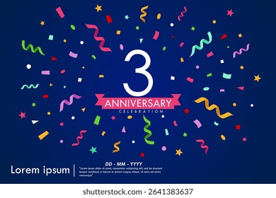 3rd years anniversary celebration emblem. congratulations anniversary logo isolated with colorful confetti and stars and ribbons. vector illustration template design