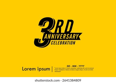 3rd years anniversary celebration emblem. black logo isolated with ribbon on yellow background. vector illustration template design for web, flyers, poster, greeting card and invitation card