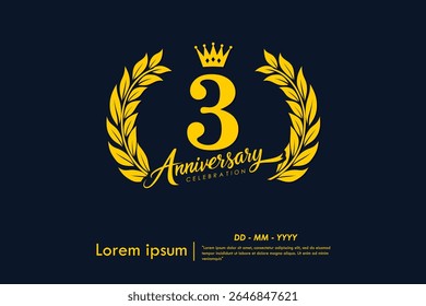 3rd years anniversary celebration emblem. yellow anniversary logo isolated with laurel wreath and crown on dark background. vector illustration template design for web, flyers, poster, greeting card