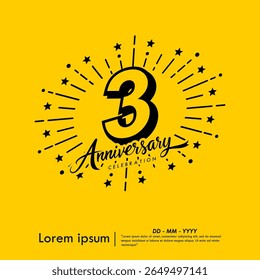 3rd years anniversary celebration emblem. congratulations anniversary logo isolated with ribbon and starburst on yellow background. vector illustration template design for web banner