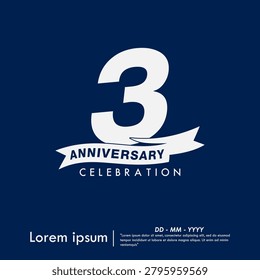 3rd years anniversary celebration emblem. white anniversary logo isolated with ribbon on blue background. vector illustration template design for web banner	