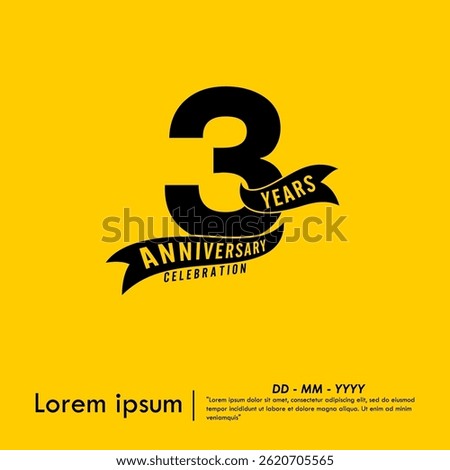3rd years anniversary celebration emblem. black logo isolated with ribbon on yellow background. vector illustration template design for web, flyers, poster, greeting card and invitation card
