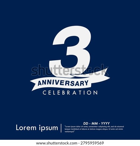 3rd years anniversary celebration emblem. white anniversary logo isolated with ribbon on blue background. vector illustration template design for web banner	