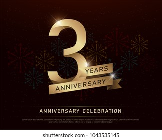 3rd years anniversary celebration gold number and golden ribbons with fireworks on dark background. vector illustration