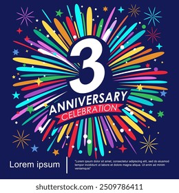 3rd years anniversary celebration logo isolated with ribbon, stars and fireworks sparkle twinkle. vector illustration template design for web, flyers, poster, invitation card or greeting card