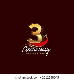 3rd years anniversary celebration logotype. Anniversary logo with red feather and golden color isolated on elegant background, vector design for celebration, invitation card, and greeting card