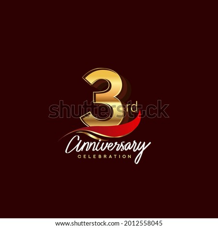 3rd years anniversary celebration logotype. Anniversary logo with red feather and golden color isolated on elegant background, vector design for celebration, invitation card, and greeting card