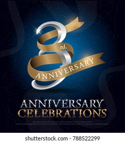 3rd years anniversary celebration silver and gold logo with golden ribbon on dark blue background. vector illustrator