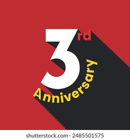 3rd years anniversary logo vector illustration on red background. 3 years anniversary greeting card, poster, banner, flyer. Modern typography for birthday celebration.